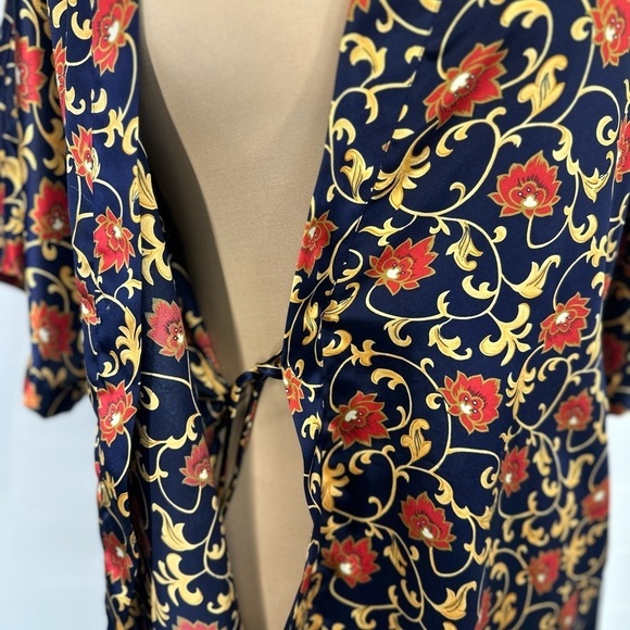 Vintage Fredericks of Hollywood Navy Blue Gold red Floral Satin short Robe Sz L - Picture 5 of 8